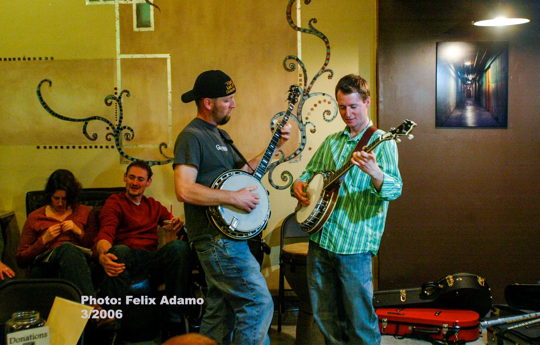 Two musicians playing banjos at Dagny's in 2006