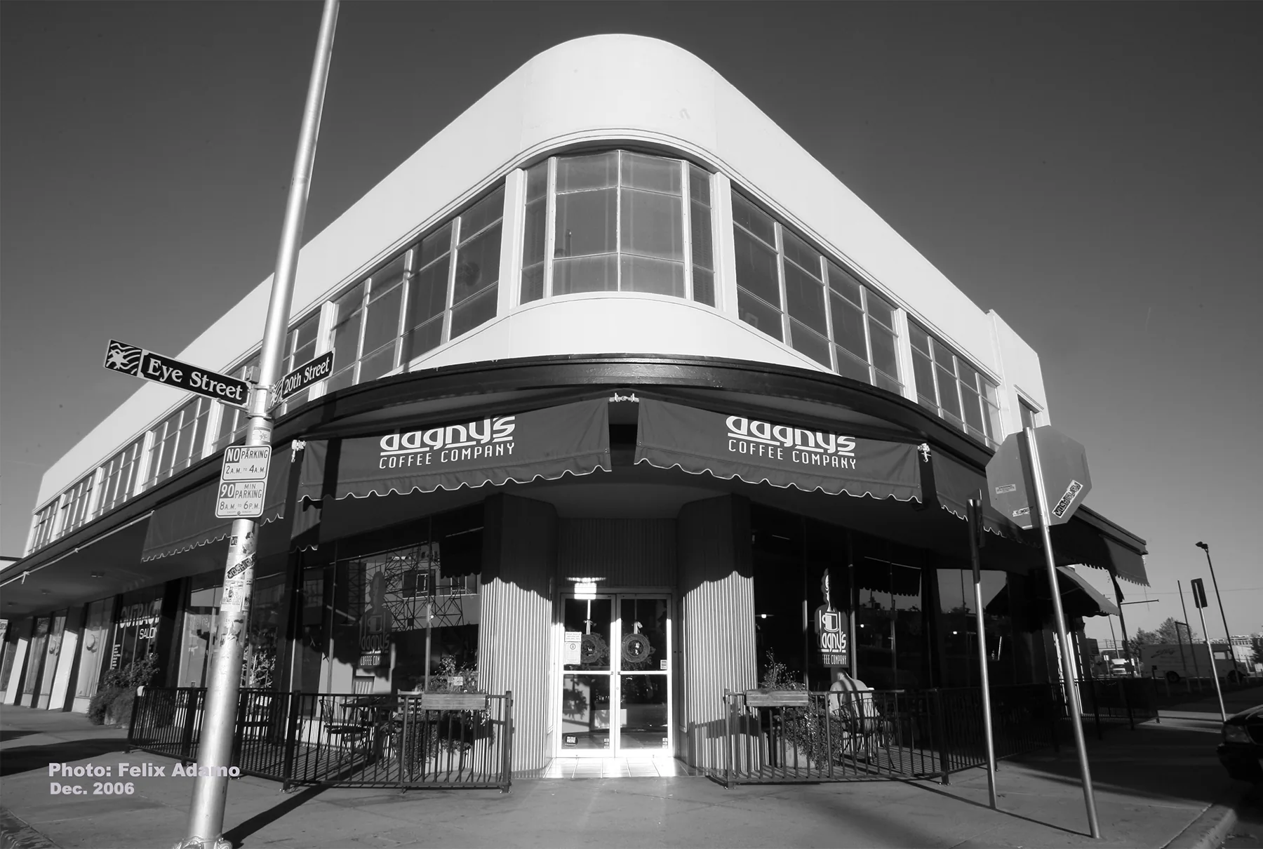 Historic exterior of Dagny's Coffee Company at the corner of 20th and Eye Streets